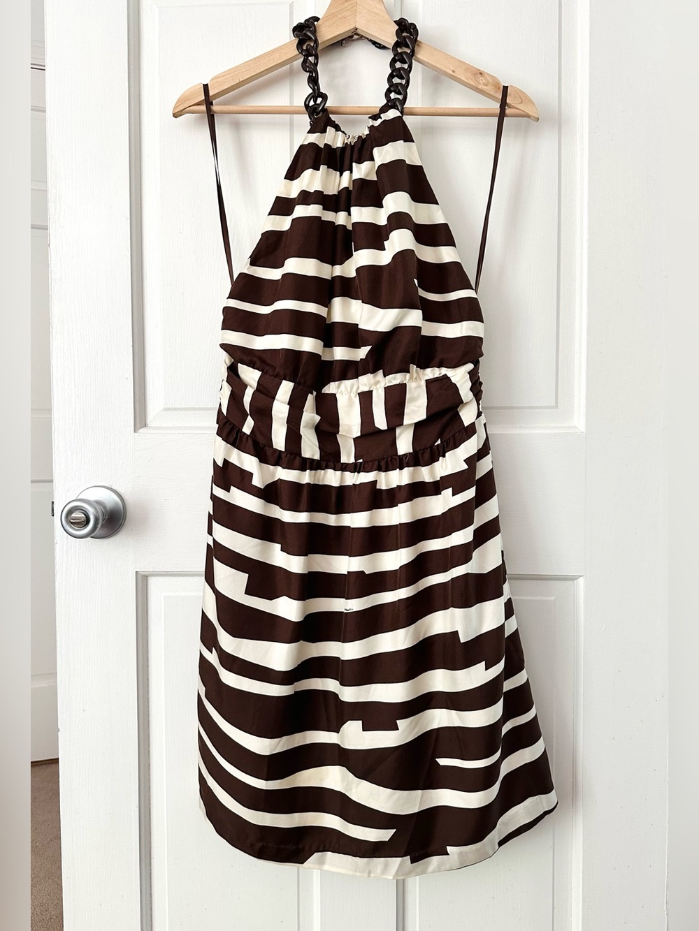 Vintage Milly of New York Silk Halter Dress Brown Cream Open Back Size M (10)